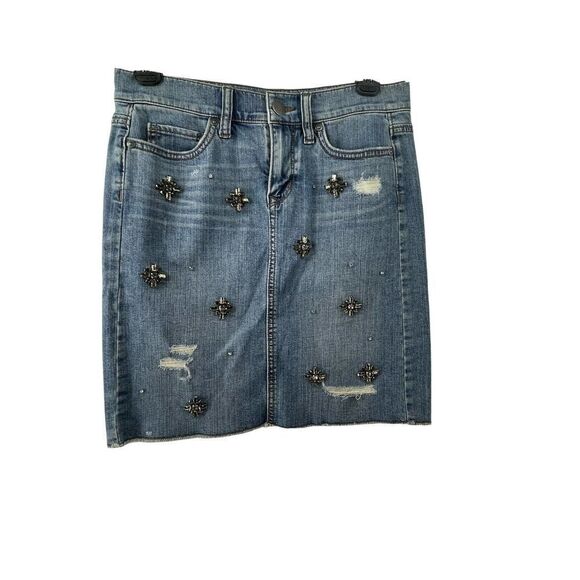LOFT Denim Skirt Jeweled Beaded Distressed Raw Hem Pencil Mini Womens Size 00 - Picture 1 of 8